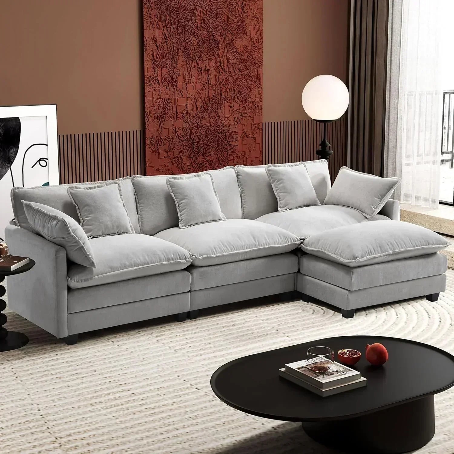111.4 Inch L Shaped Modern Sofa Modular Cloud Sofa with Ottoman 4 Seater Chenille Deep Seat Sofa