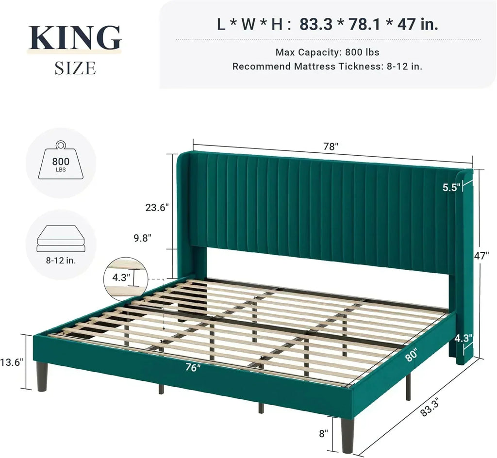 Allewie Full Size Velvet Bed Frame Vertical Channel Tufted Wingback Headboard Upholstered Bed